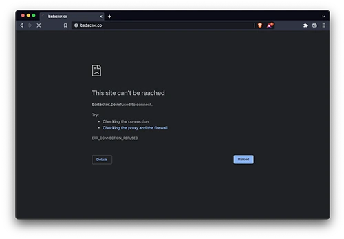 Browser connection-refused page shown when an HTTPS site is denied without a block-page assistant