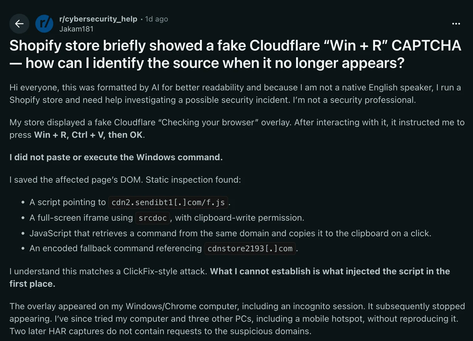 The Shopify operator’s report identifies the script loaded with the fake verification prompt.