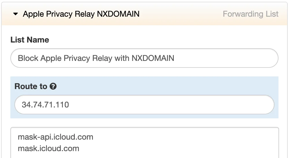 adam:ONE forwarding list answering mask.icloud.com and mask-api.icloud.com with NXDOMAIN