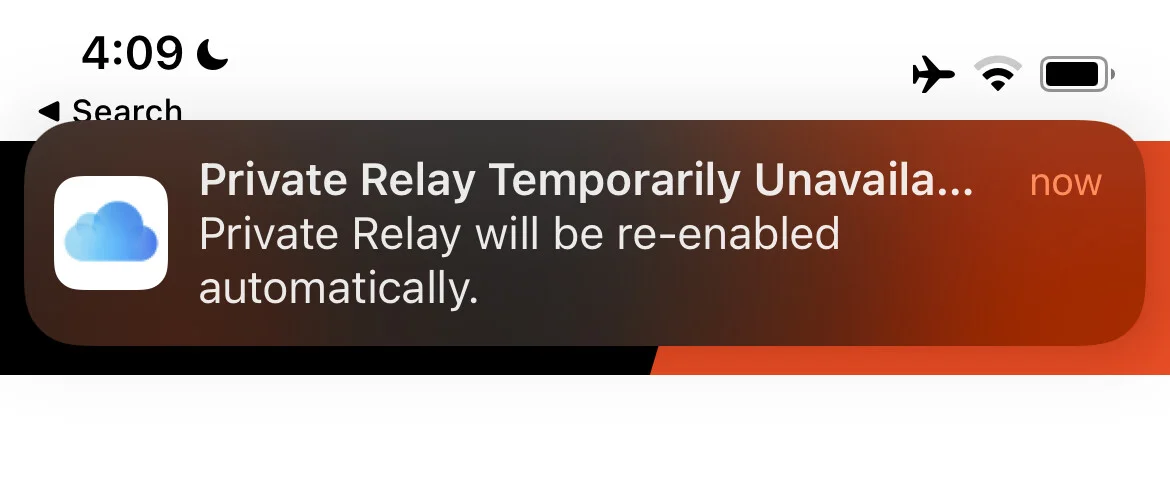 iOS notification that Private Relay is temporarily unavailable on the network