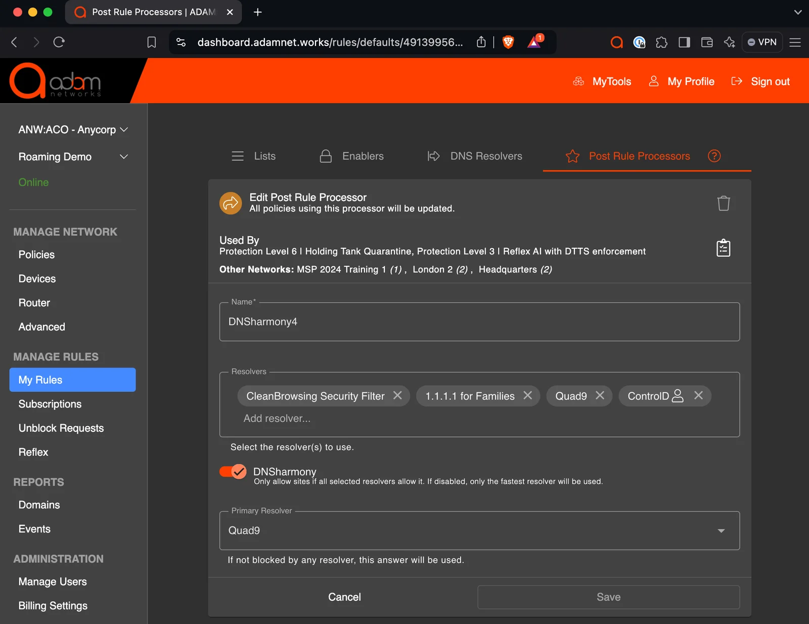 DNSharmony post-rule processor configured in adam:ONE