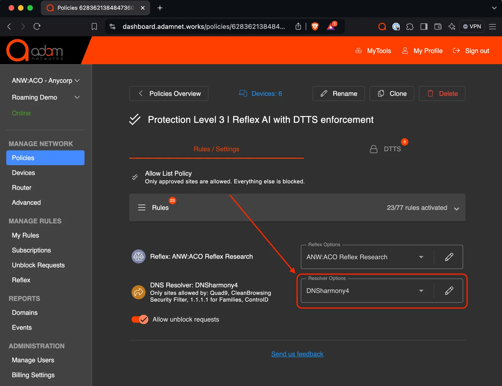 Policy using DNSharmony resolvers in the adam:ONE dashboard