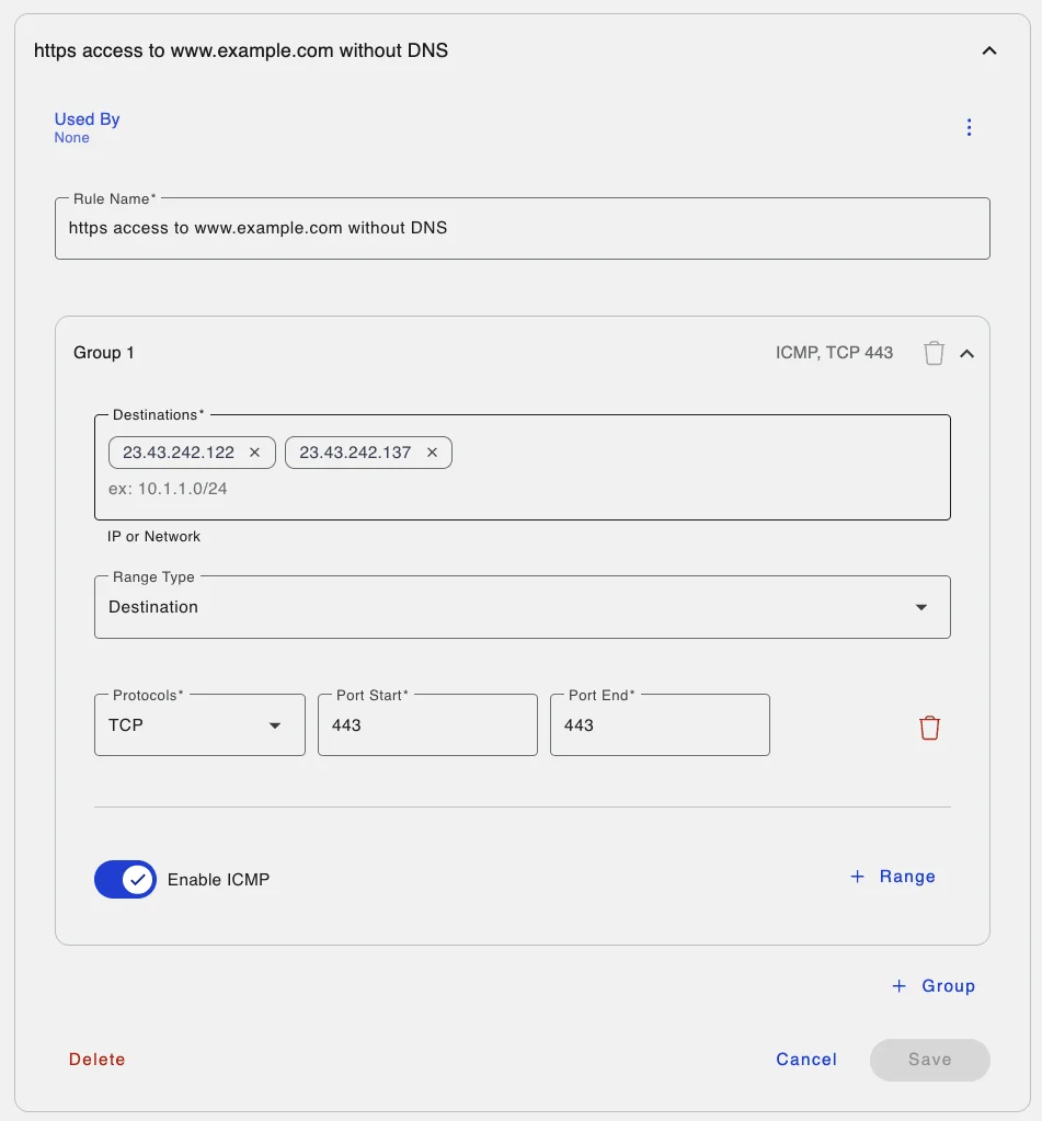 My Enablers rule allowing HTTPS to example.com without DNS