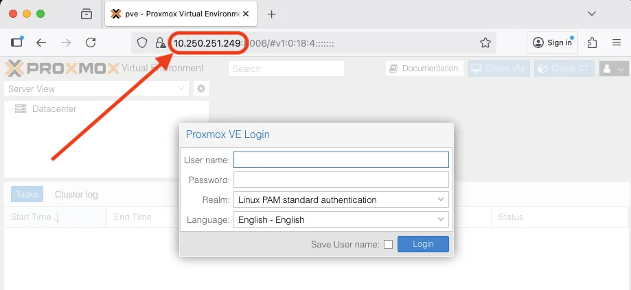 Proxmox login reached through a static IP address URL