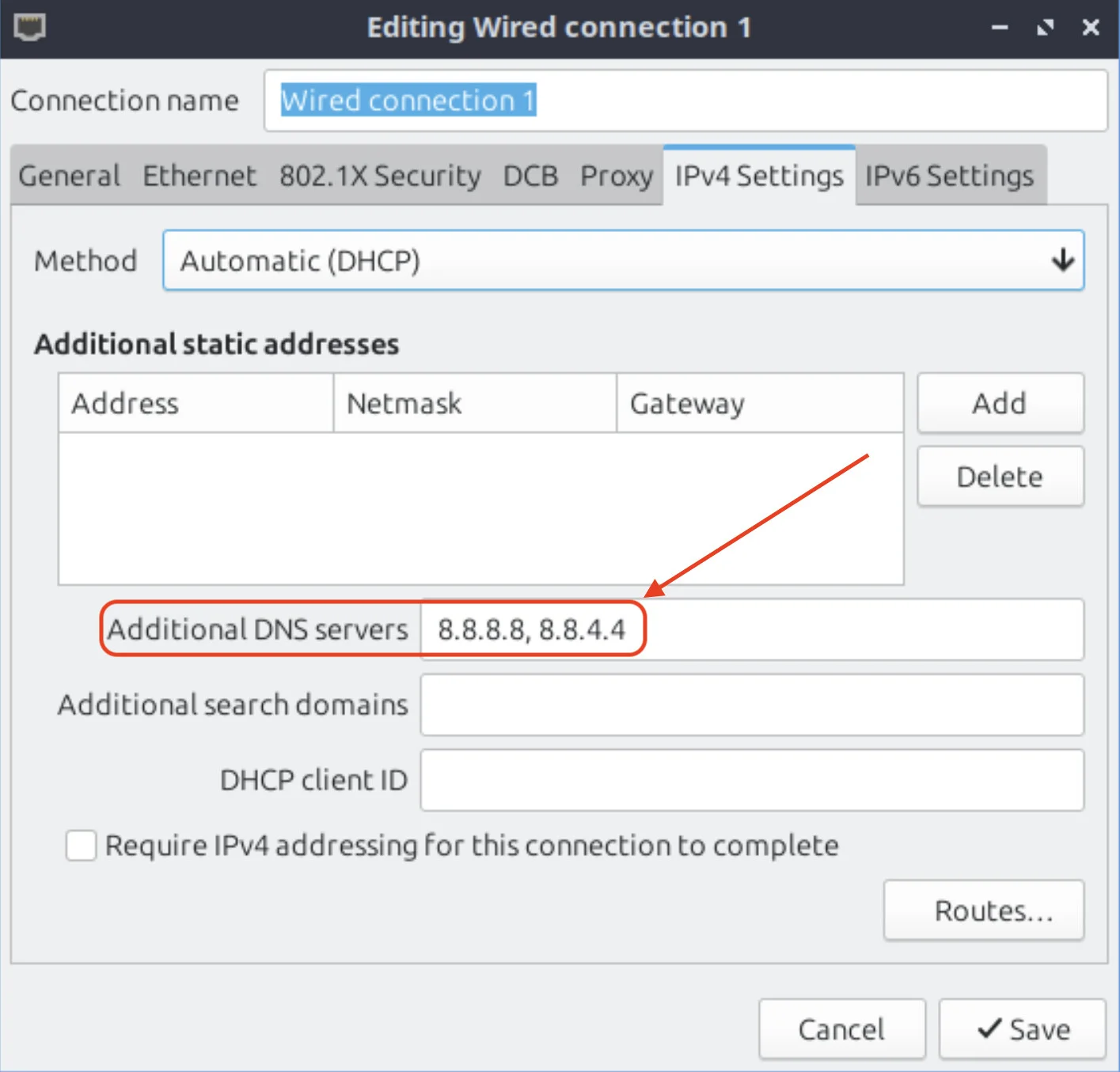 Network settings with hard-coded DNS servers 8.8.8.8 and 8.8.4.4