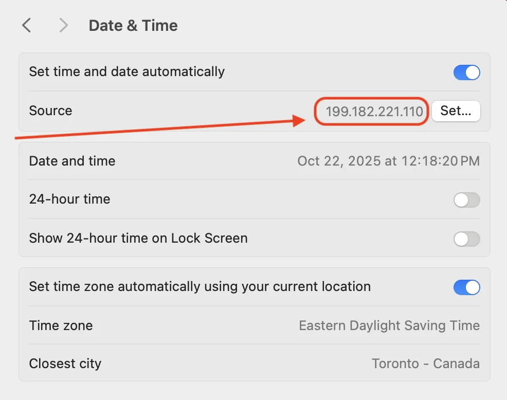 Date and time settings with a hard-coded NTP server IP address