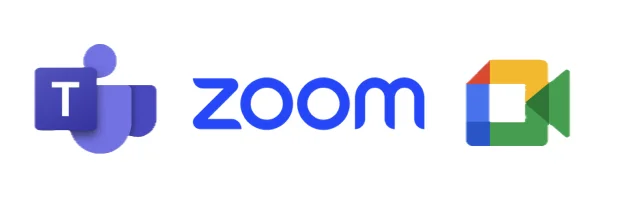 Microsoft Teams, Zoom and Google Meet logos