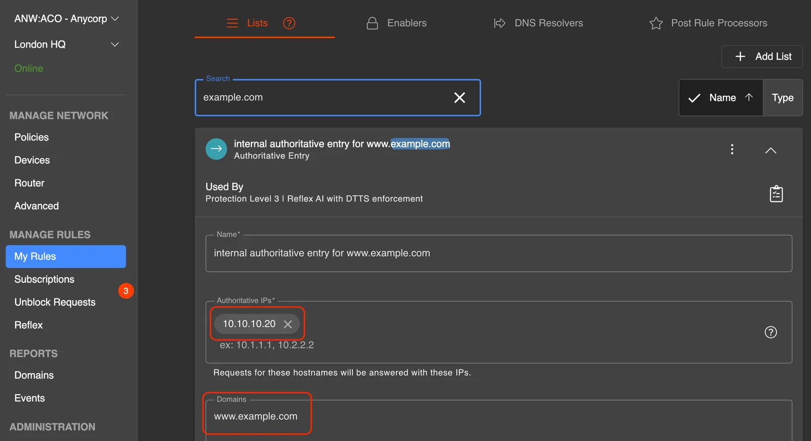 adam:ONE authoritative rule answering www.example.com with an internal IP address