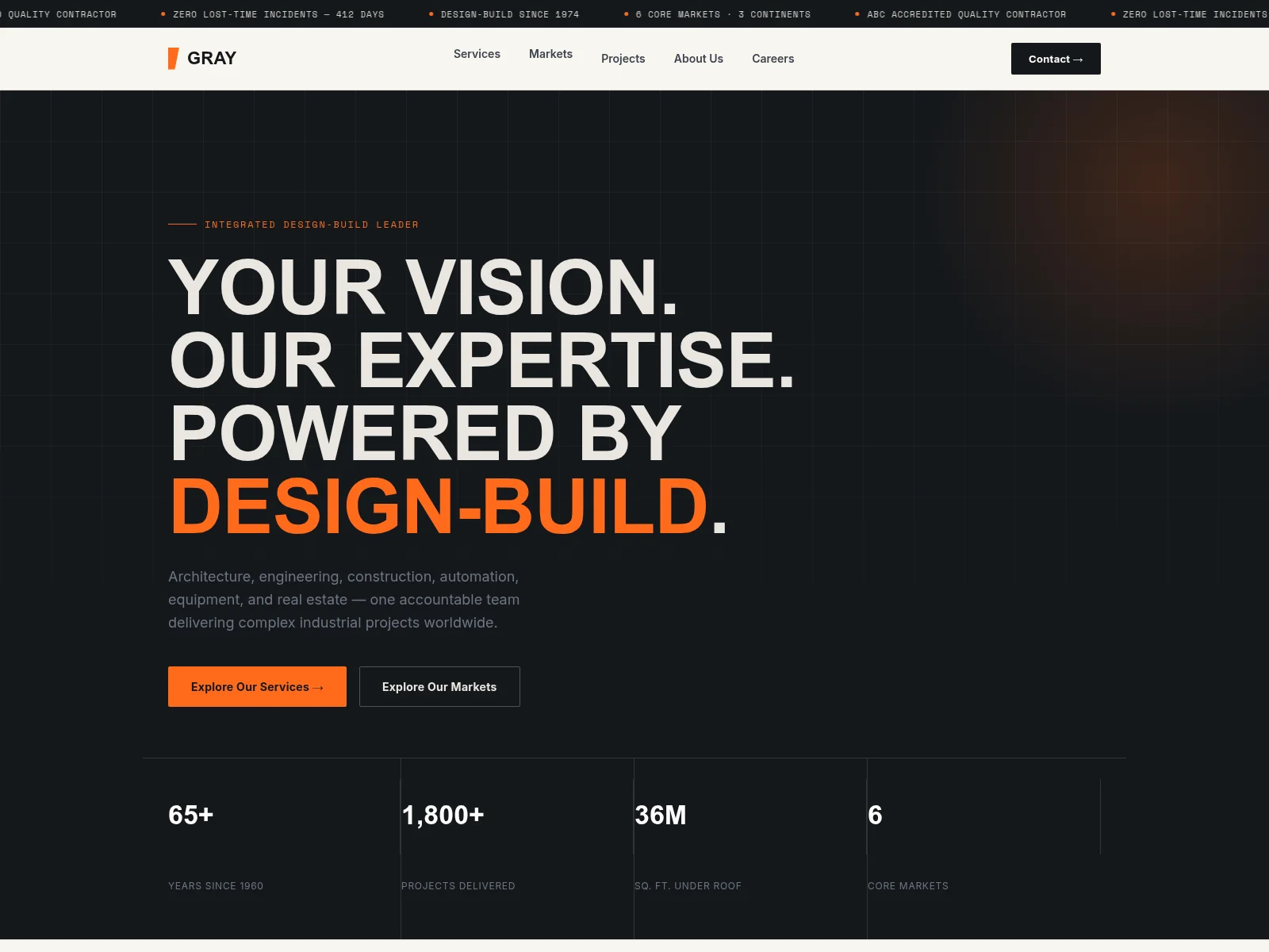 A construction company home page with a dark background, the brand name GRAY, the headline Your vision. Our expertise. Powered by design-build., and statistics including 65+ years since 1960.