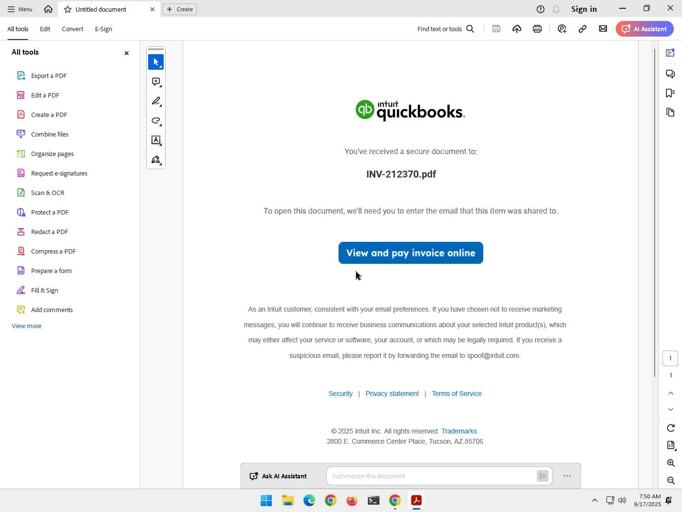 A PDF viewer showing an Intuit QuickBooks logo, the text You’ve received a secure document to: INV-212370.pdf, and a blue button labeled View and pay invoice online.