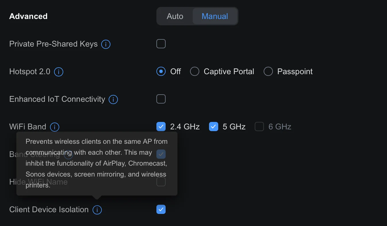 UniFi wireless client device isolation setting