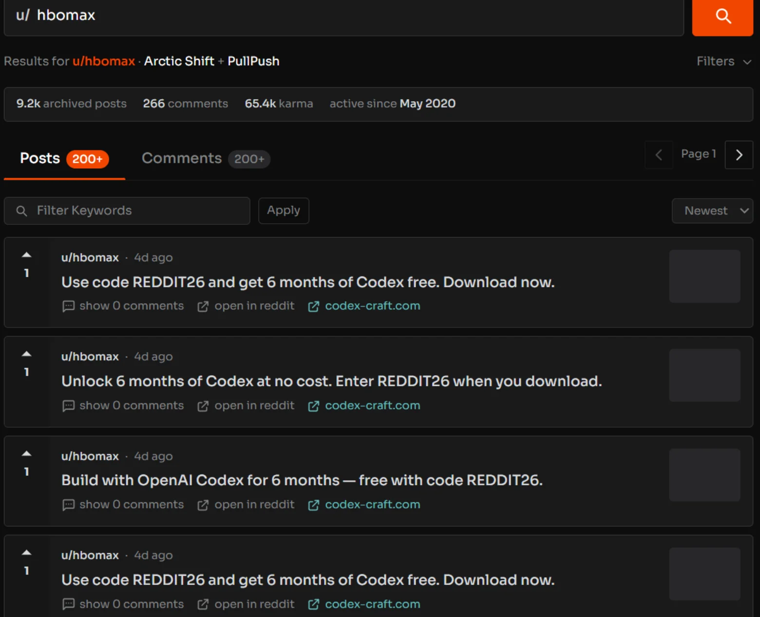 Archived activity from the compromised HBO Max Reddit account