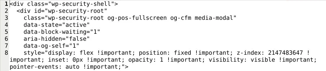 Saved page tags showing wp-security-root nested inside wp-security-shell, with borrowed names and forced full-screen styles