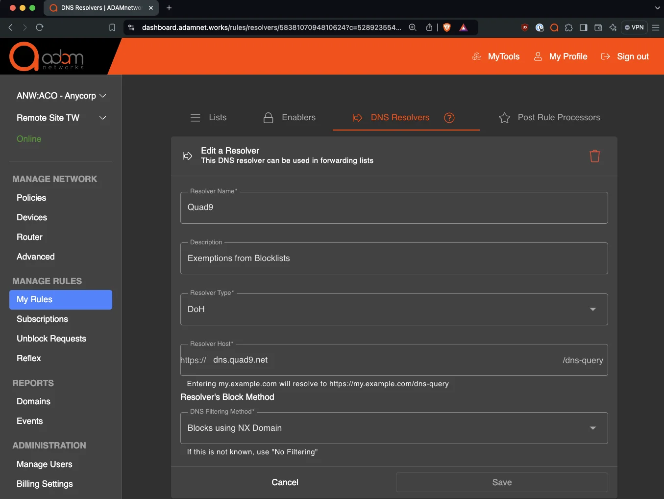 Adding a resolver in adam:ONE for exempted remote access domains