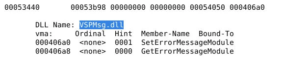 Import table listing for New Tax Filing Regulations.exe showing VSPMsg.dll with the imports SetErrorMessageModule and GetErrorMessageModule.