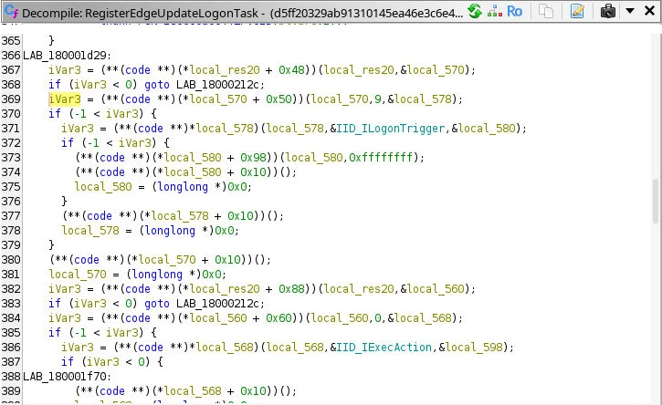 Ghidra decompiler view of the task scheduler helper calling Create with type 9 and the ILogonTrigger GUID, then Create with type 0 and the IExecAction GUID.