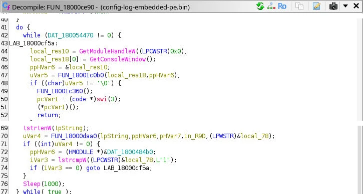 Ghidra decompiler view of function 0x18000ce90 in the second RAT, comparing a registry value against the string 1 before keyboard capture starts.