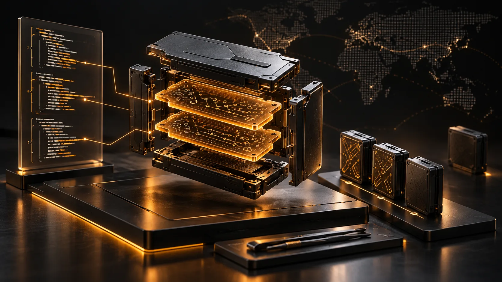 An exploded metal file case with glowing orange circuit layers between its panels, a code panel on the left, and smaller sealed cases and a world map in the background.